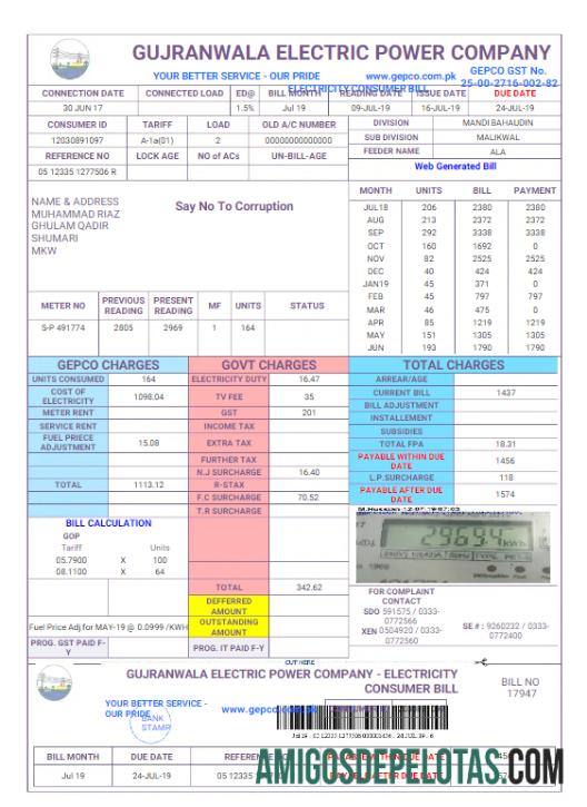 Em branco PAQUISTÃO GUJRANWALA ELECTRICPOWER Projeto de conta de serviços públicos Word e modelo PDF
